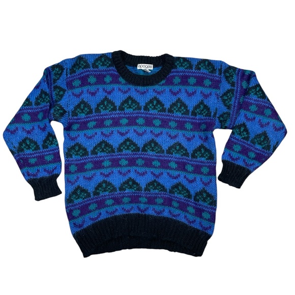 Epogee Sweaters - Epogee Vintage Blue and Black Patterned Sweater with Shoulder Pads